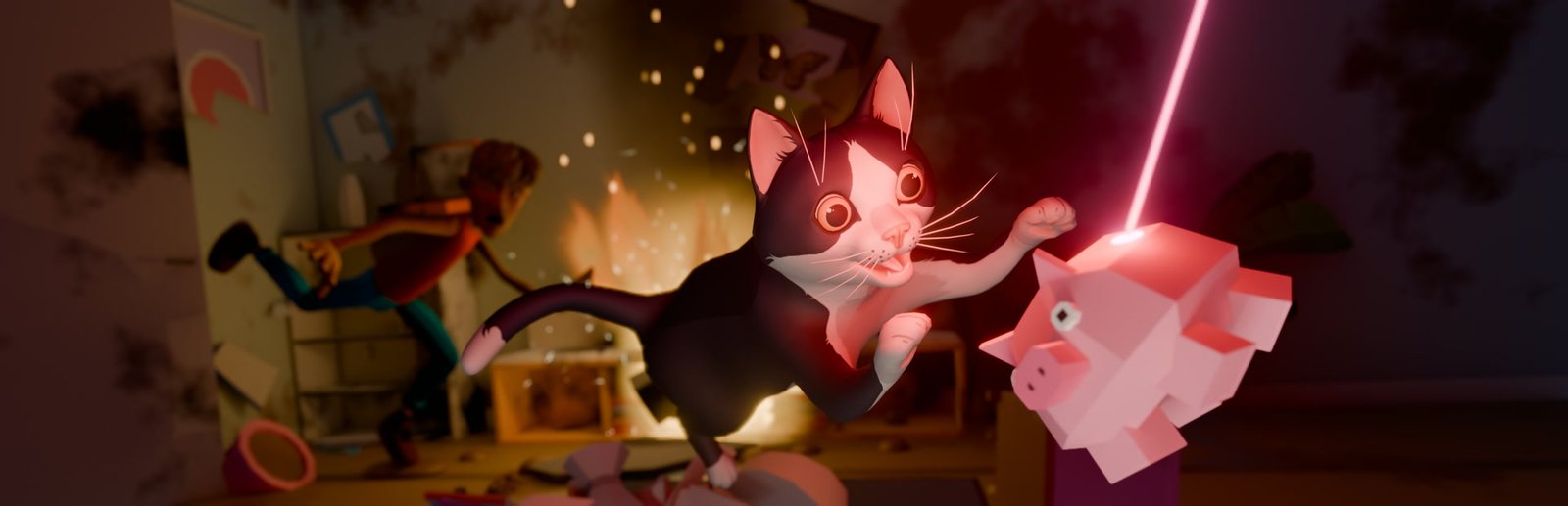 A black and white cat leaping at a pink pig toy lit by a red laser dot while the owner runs from a fire behind him