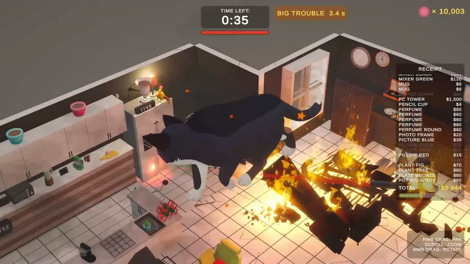 A huge cat in a burning kitchen with the BIG TROUBLE power active