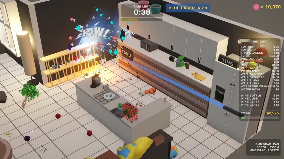A blue laser beam blasting across the kitchen with a POW burst